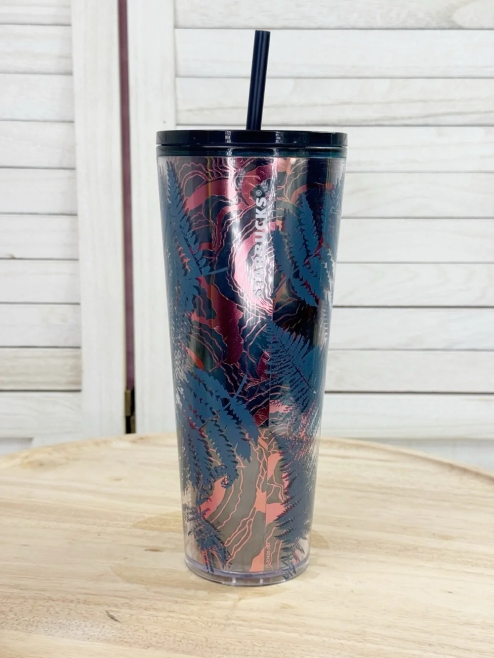 Starbucks Fall 2022 Ocean Fern Cold Cup‎ Tumbler Blue Pink 24oz Venti